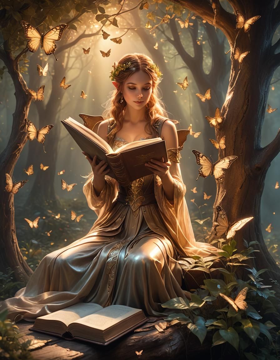 Enchanted Elf Reads Book in Mystical Forest