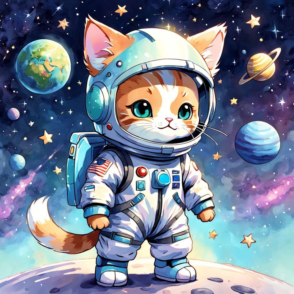 Whimsical Space Kitten Watercolor Art