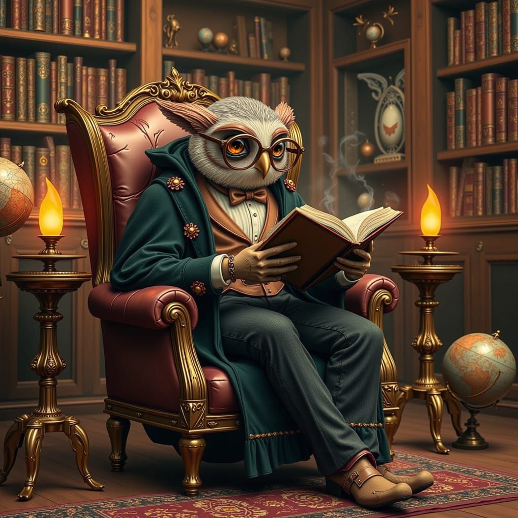 Anthropomorphic Owl Reading in Cozy Library