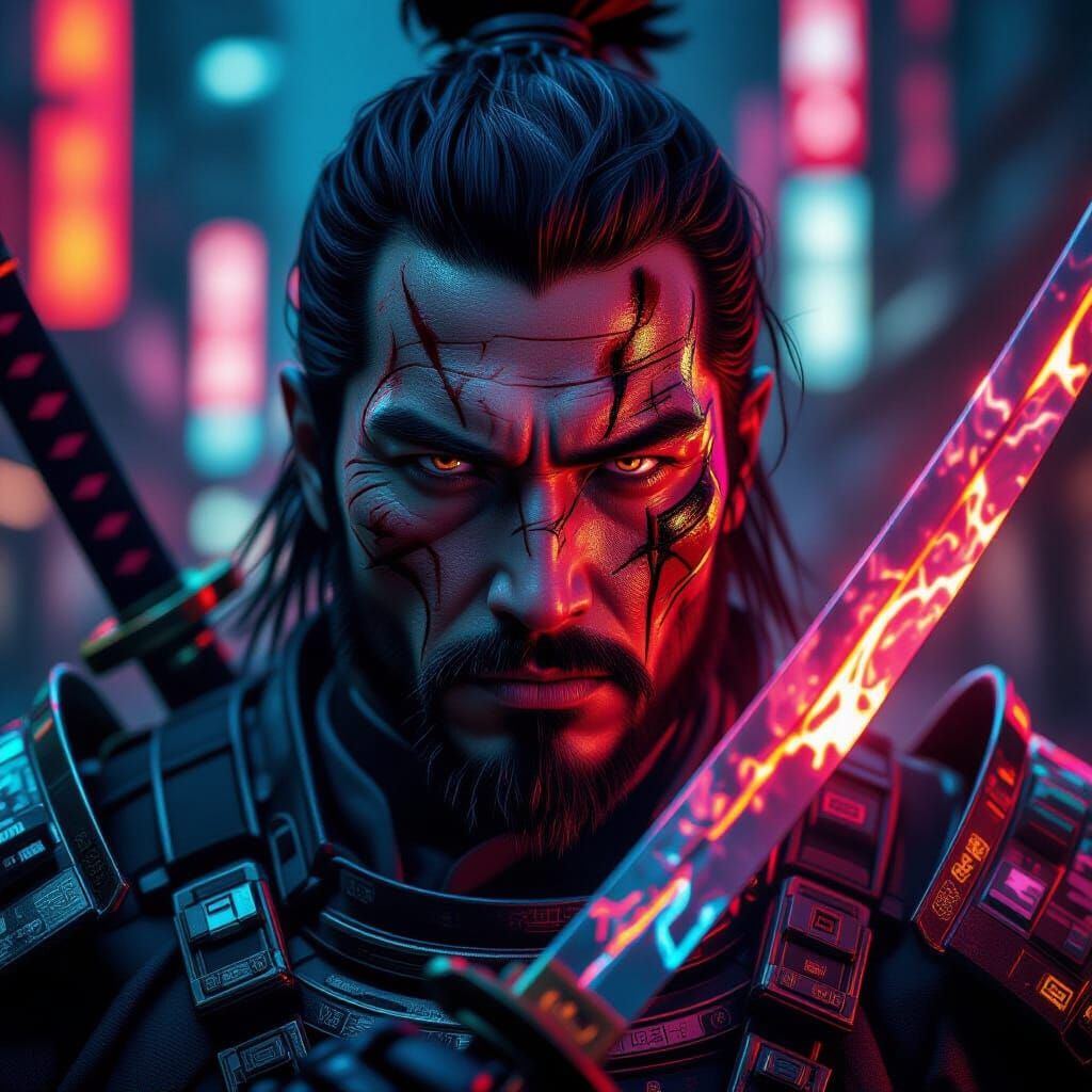 Cyberpunk Samurai with Molten Katana Portrait