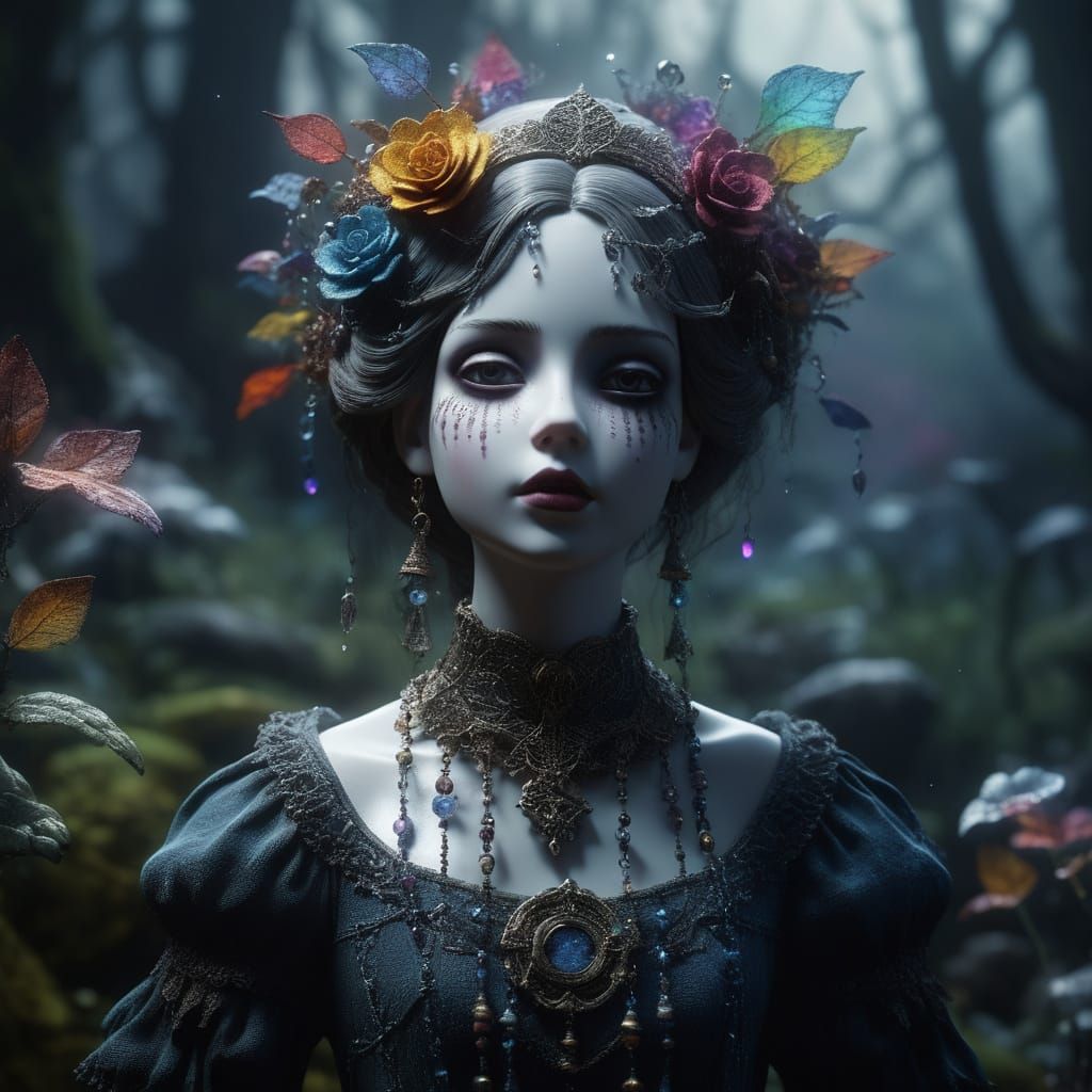 Surreal Gothic Doll Illuminated by Glowing Spores in a Misty...