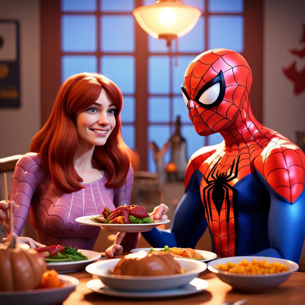 Spiderman and Mary jane Wattson having Thanksgiving dinner together