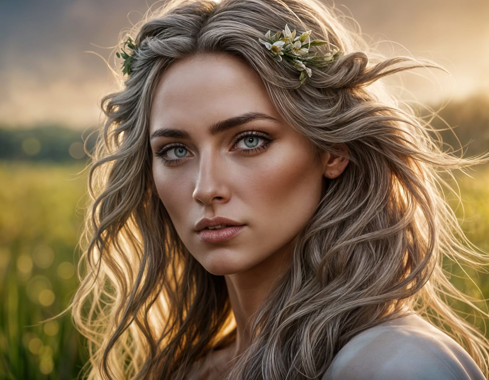 Goddess Posing as Marble Statue after Spring Rain