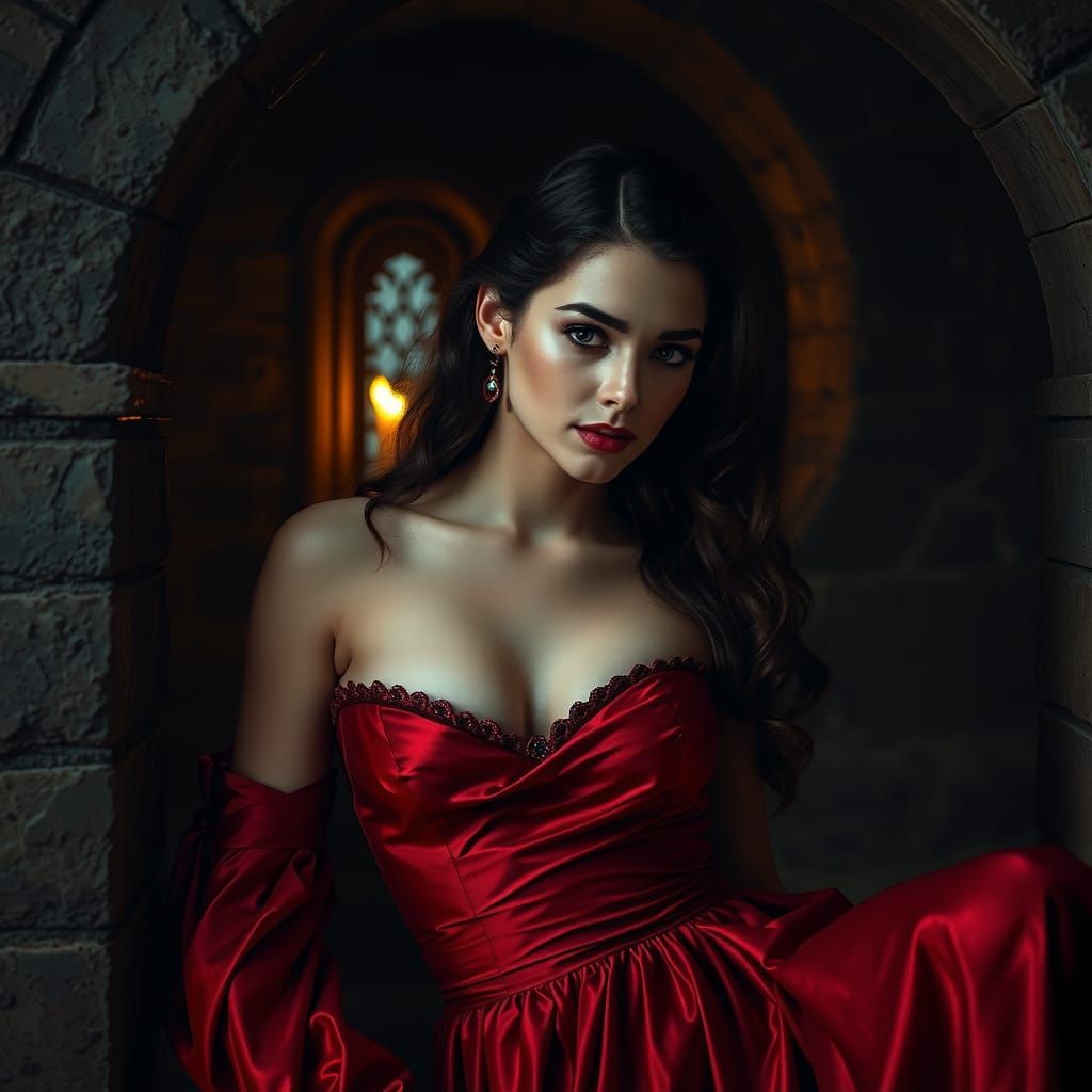 Elegant Medieval Lady in Crimson Silk Gown
