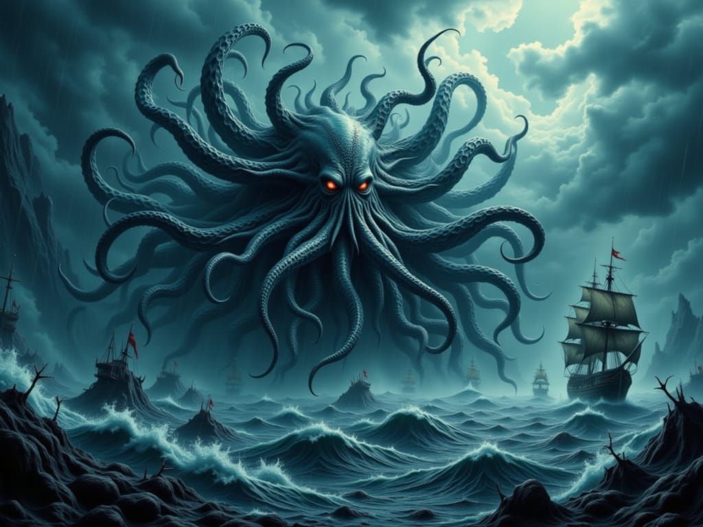 Cthulhu Attacks Pirate Ship in Stormy Seas