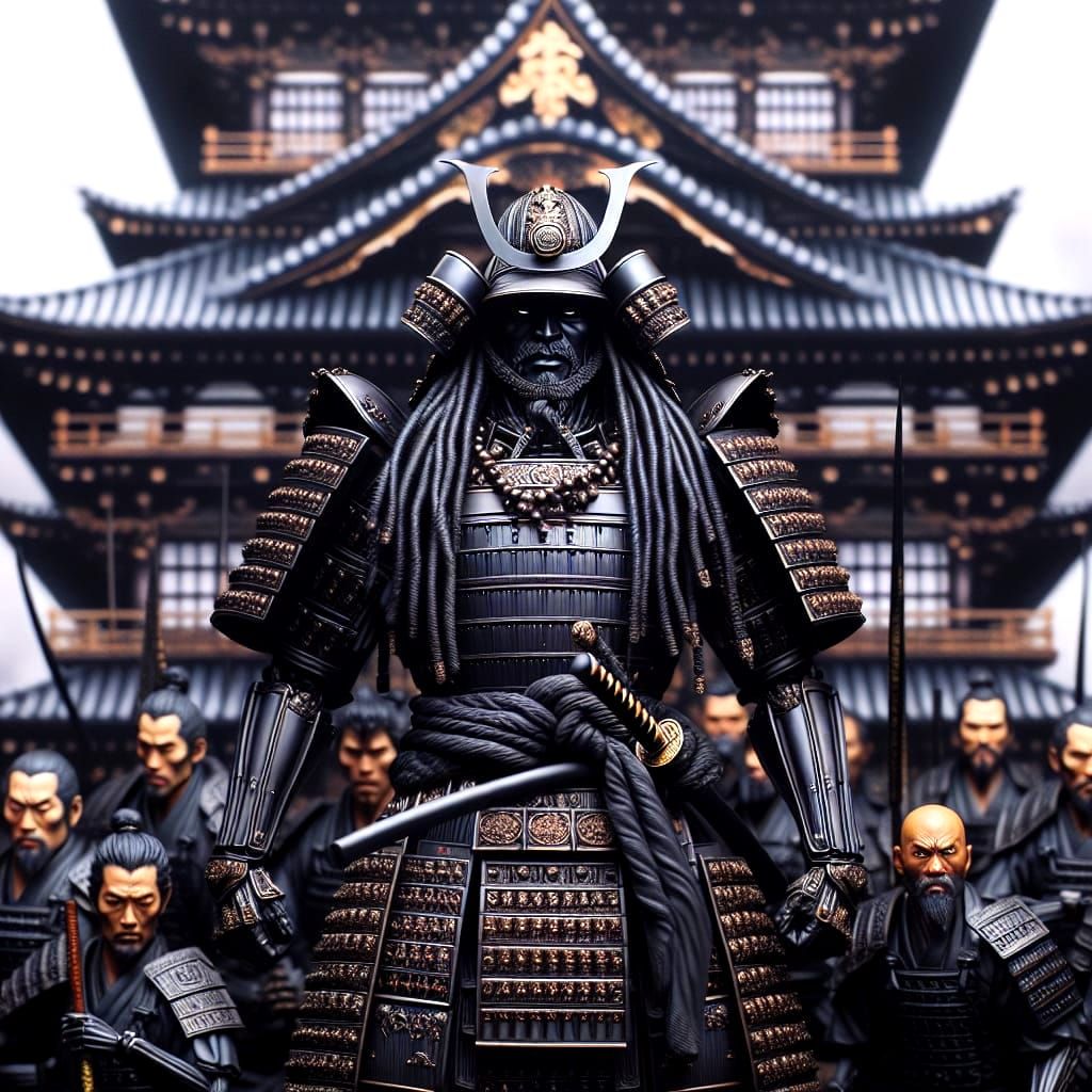 Imposing Black Samurai in Gleaming Regalia