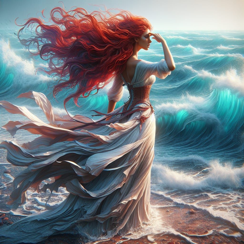 Red-Haired Woman by the Ocean in Digital Art