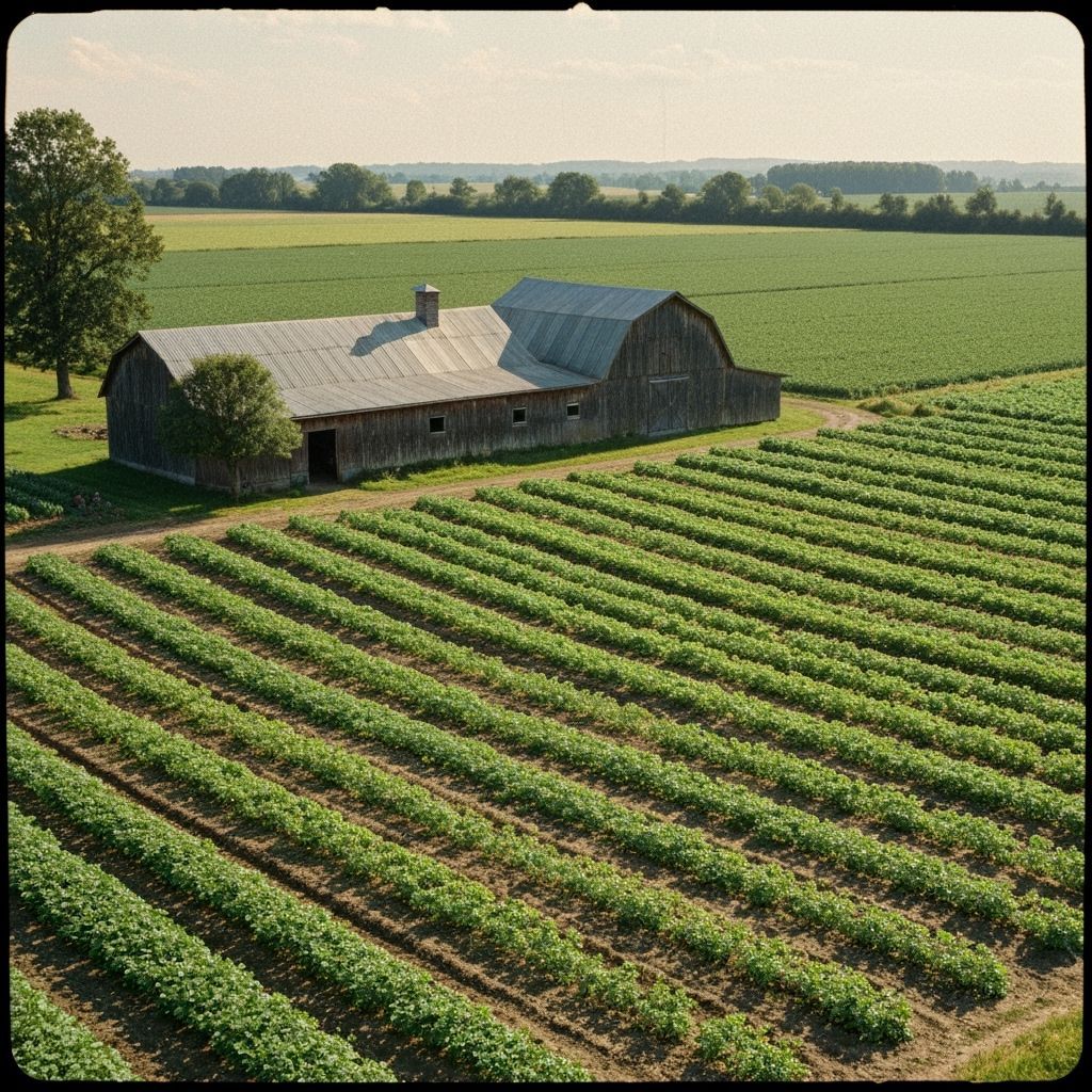 Atmospheric Farm Scene with Barn and Crops
