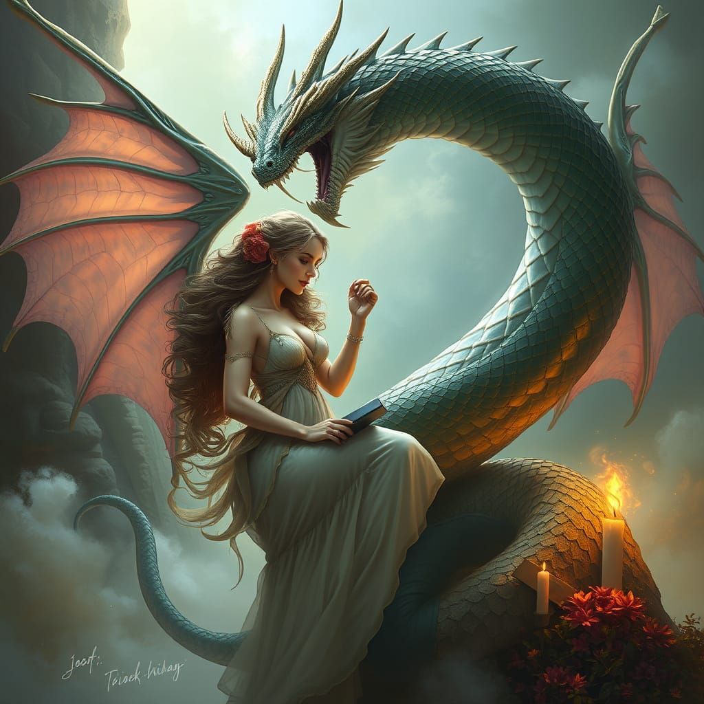 Seductive Naga in Whimsical Fantasy Landscape