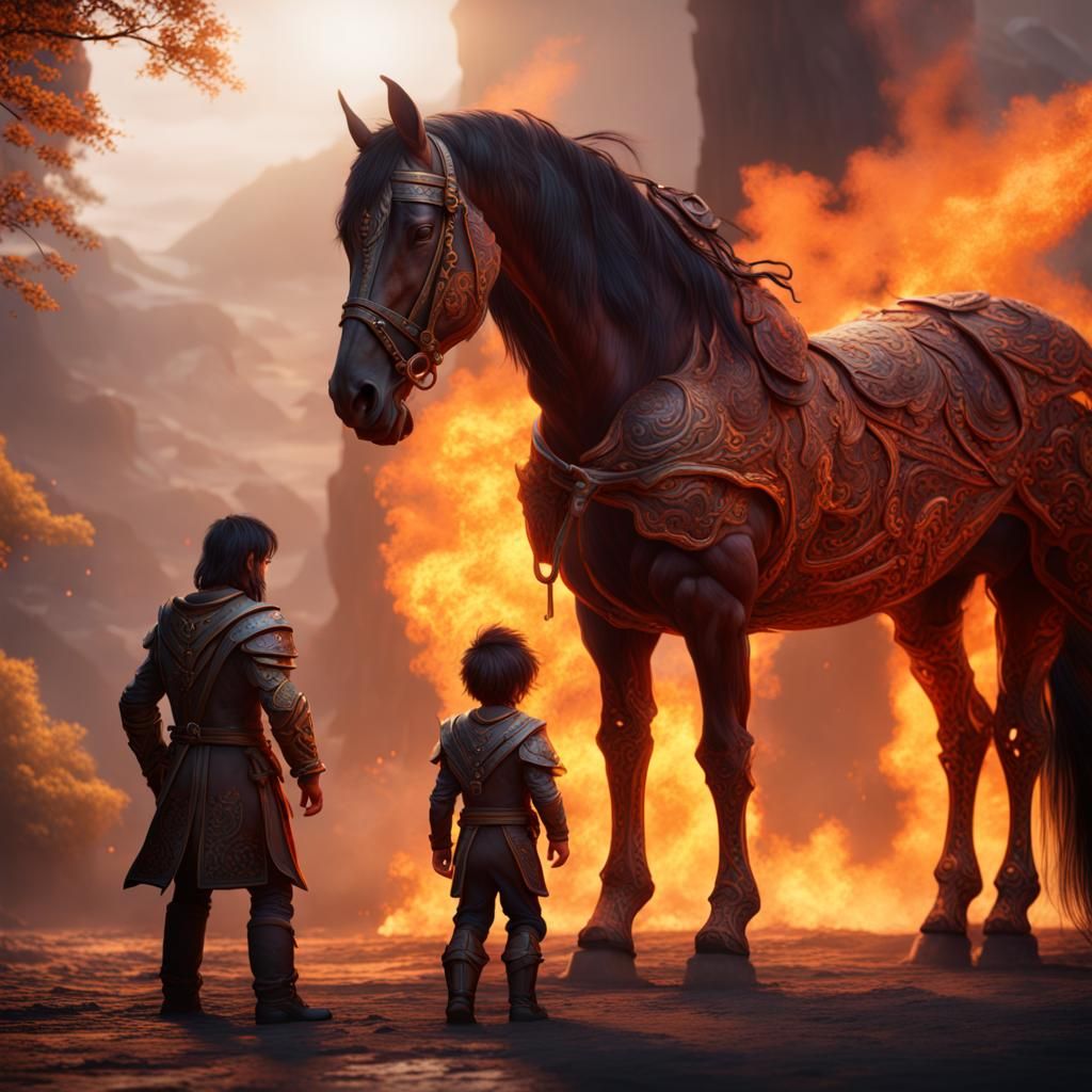 Fiery Horse and Son: Detailed Fantasy Art