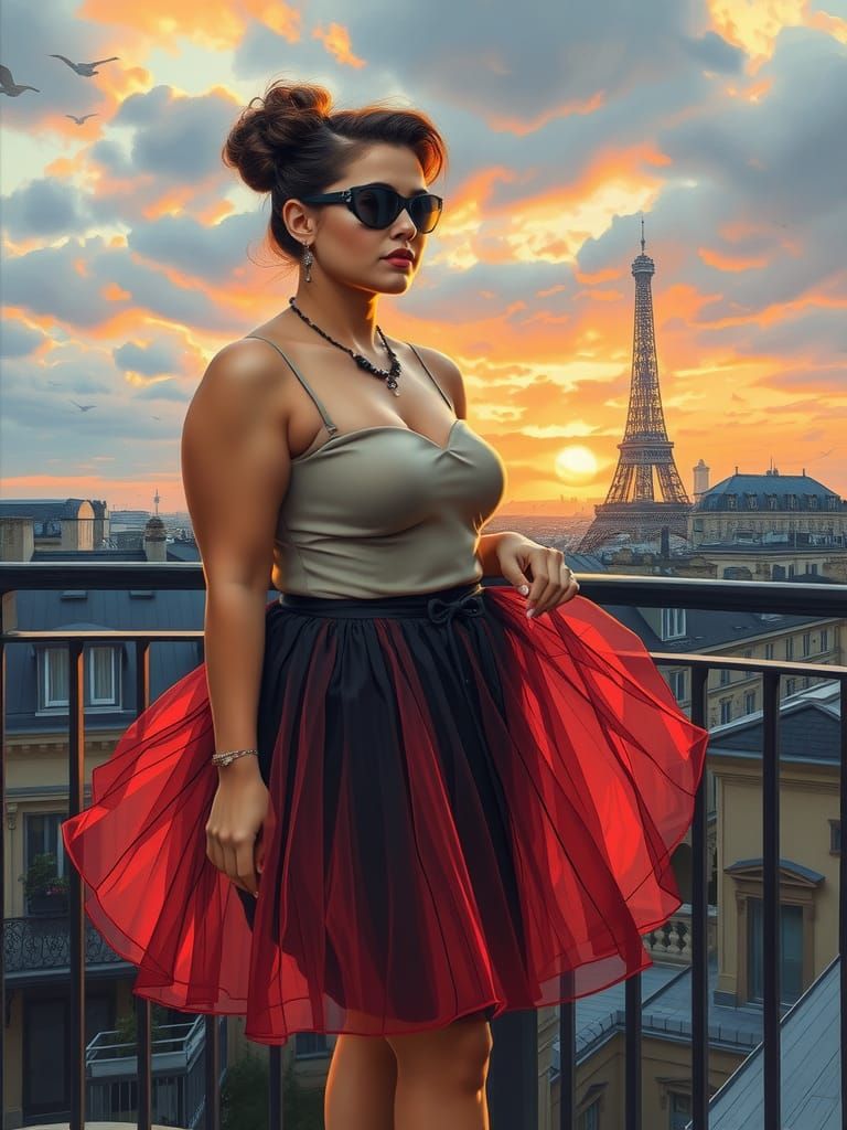 Elegant Woman Enjoys Paris Sunset: Oil Painting
