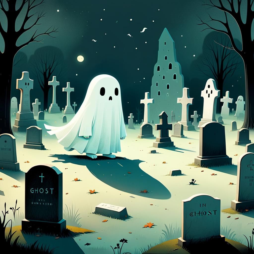 Friendly Ghost in Graveyard Illustration