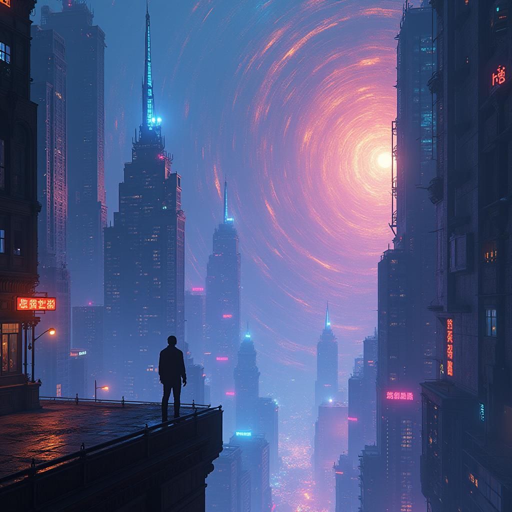 Cyberpunk Cityscape with Neon Lights and Fractals