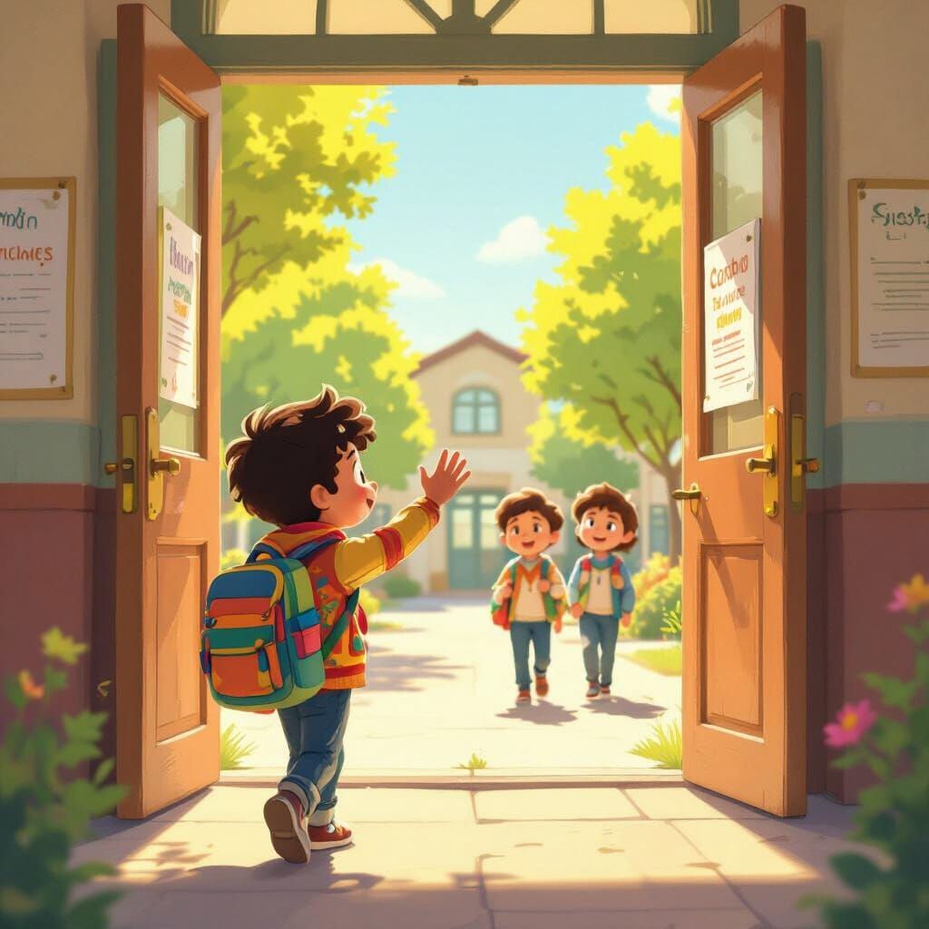 Boy Walks to Sunny School Entrance in Realistic Cartoon Styl...