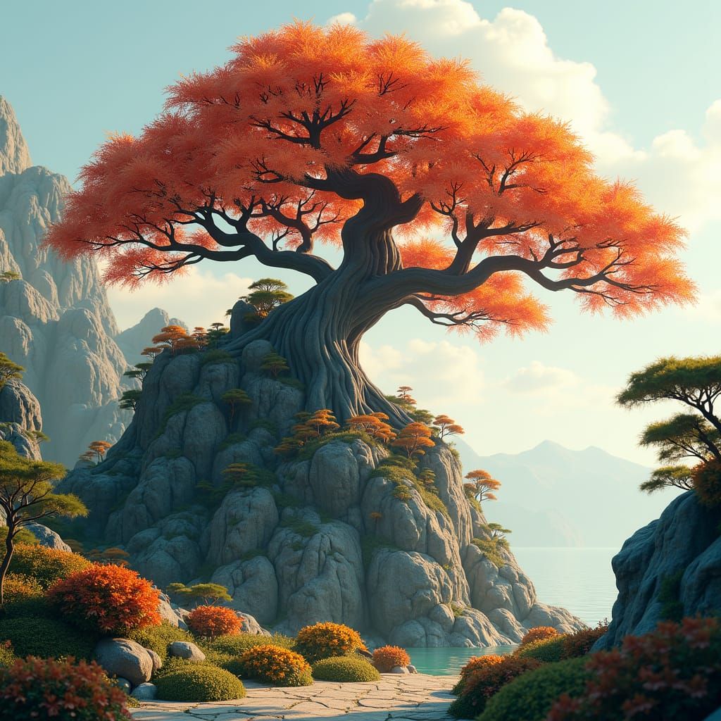 Ornate Japanese Maple on Rock, Genshin Impact Style