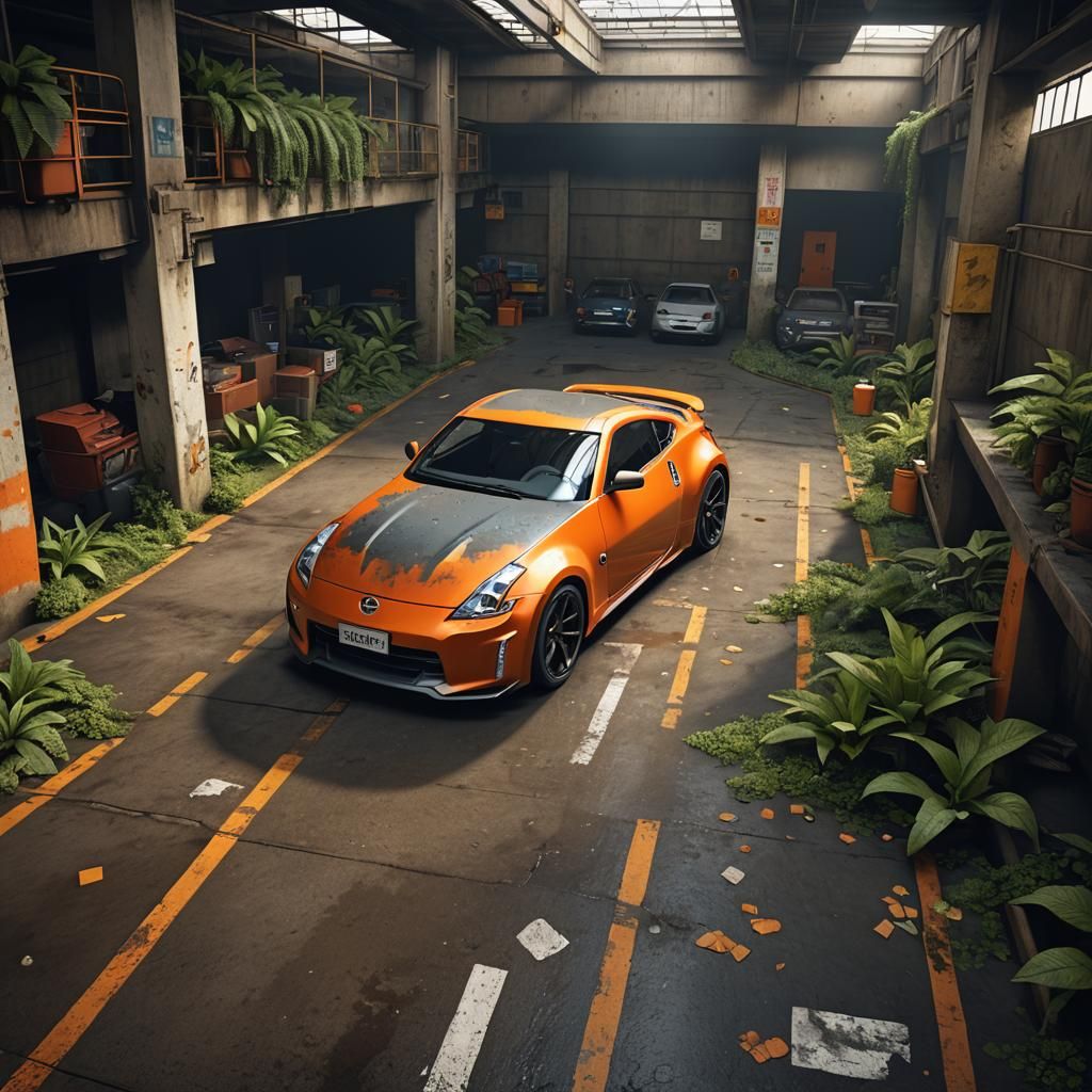 Orange Nissan 350Z in Abandoned Parking Garage