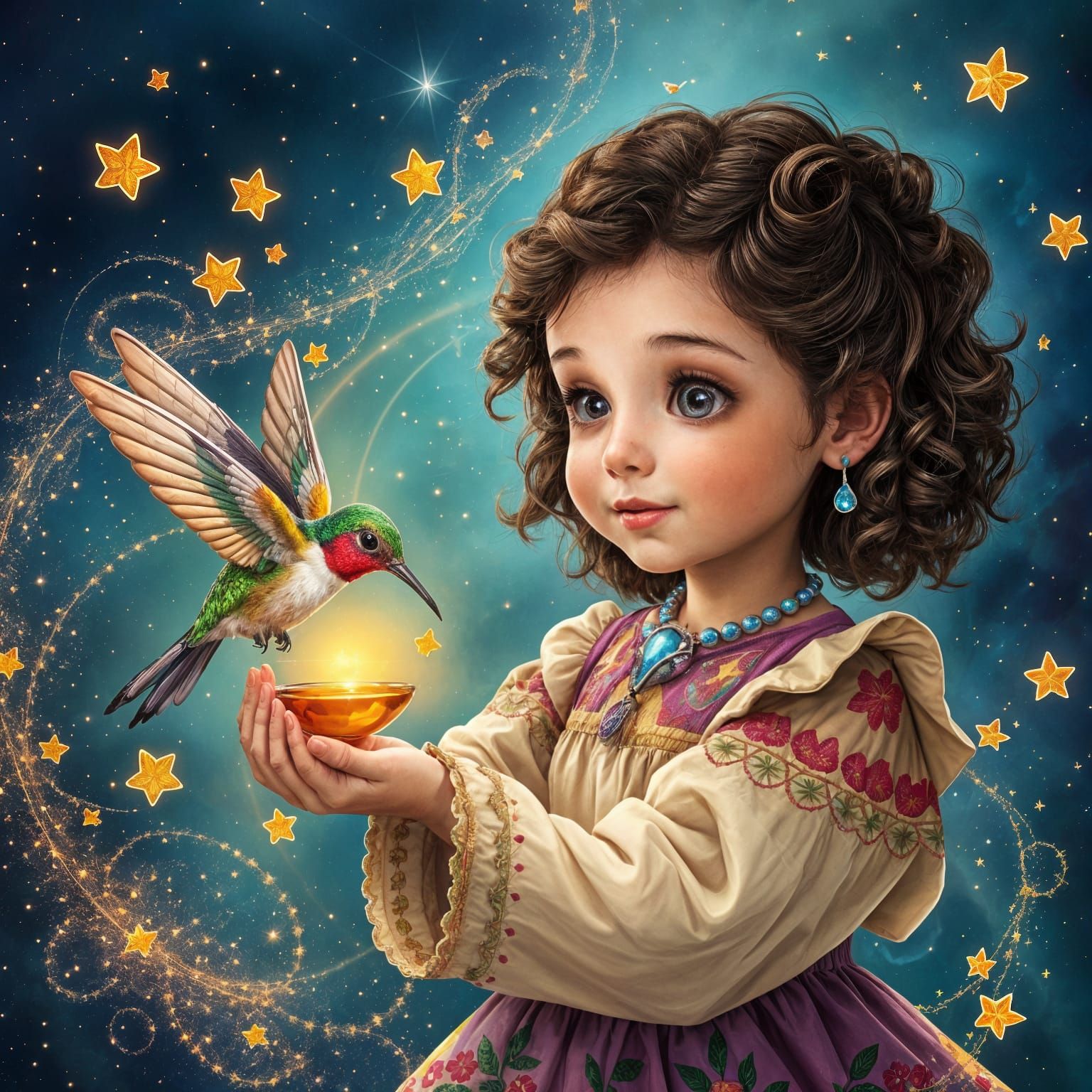 Girl Feeds Hummingbird: Cosmic Illustration