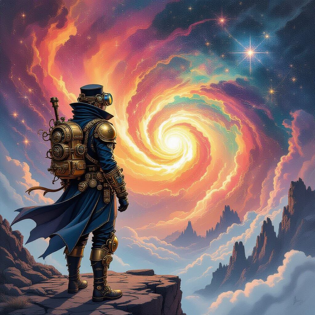 Steampunk Adventurer Gazes at Cosmic Nebula in Surreal Style