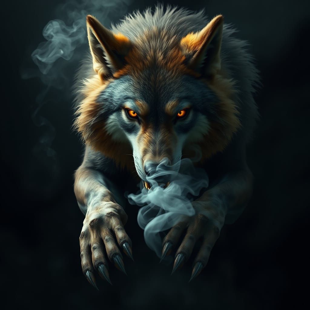 Cyberpunk Wolf Blows Smoke in Dark Fantasy Landscape
