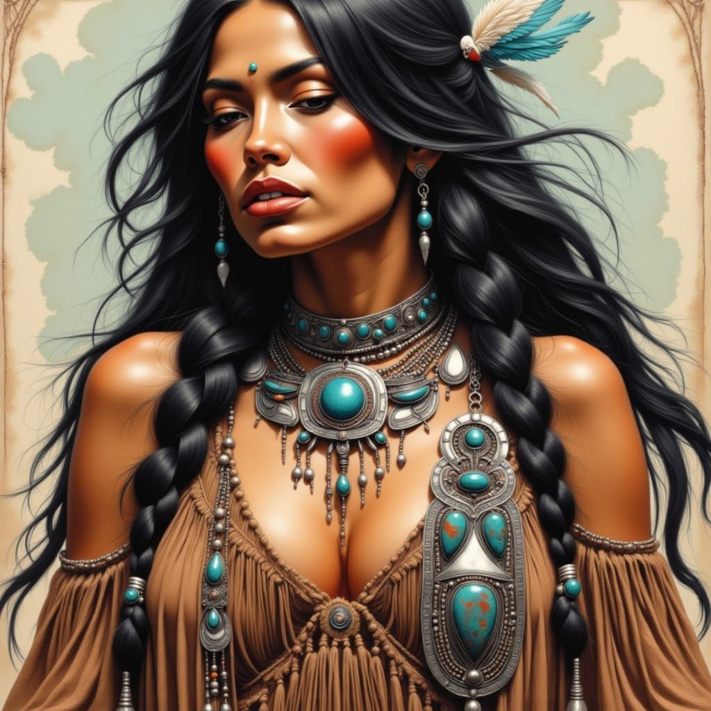 Native American Woman with Turquoise Jewelry, in Watercolor ...