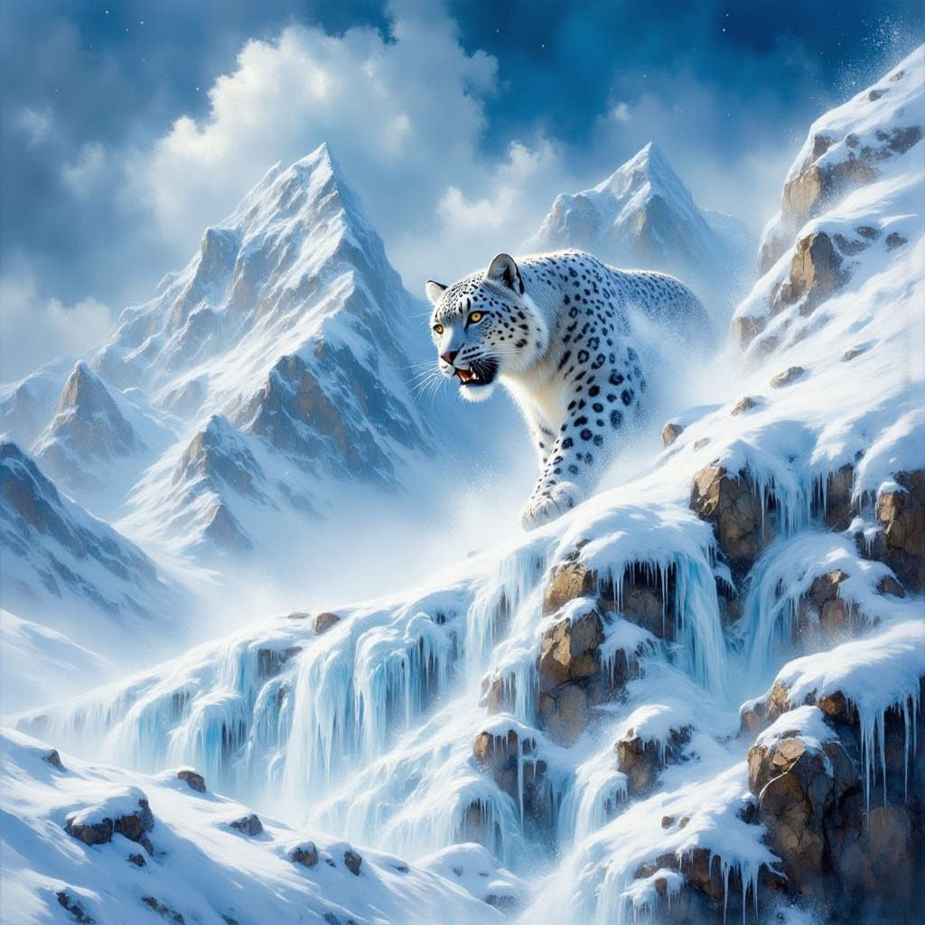 Snow Leopard Watching Mountain Avalanche, Photorealistic Por...
