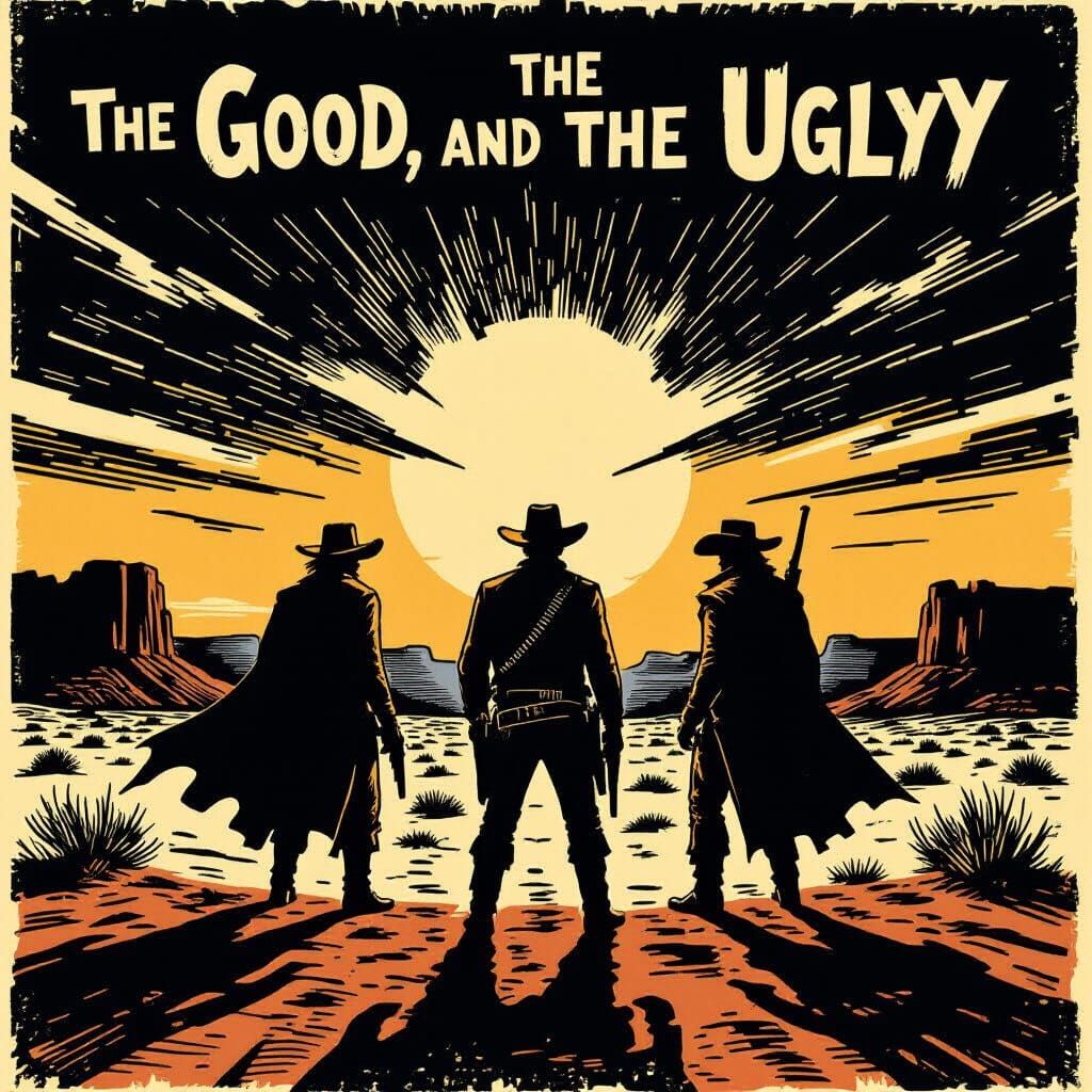 The Good, the Bad and the Ugly.. woodcut print style and Wes...
