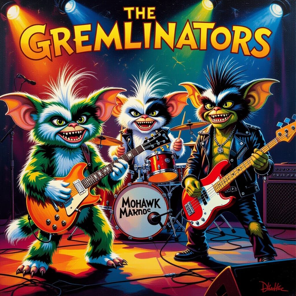 The Gremlinators: Surrealist Rock Band Oil Painting