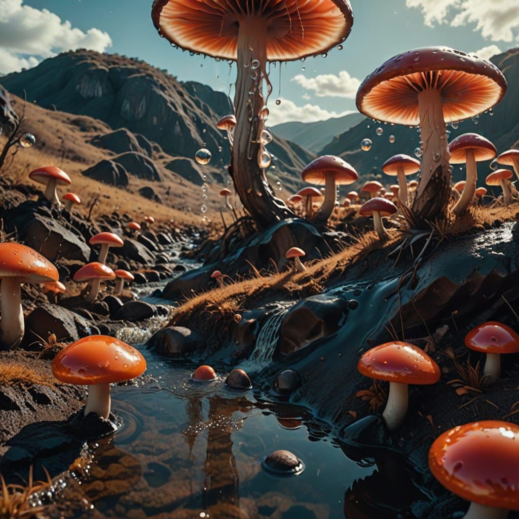 Surreal Melting Mushroom Valley in Cinematic Style