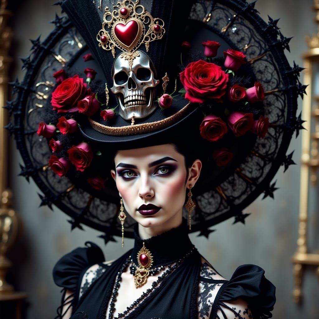 Gothic Haute Couture Hat with Roses and Skull