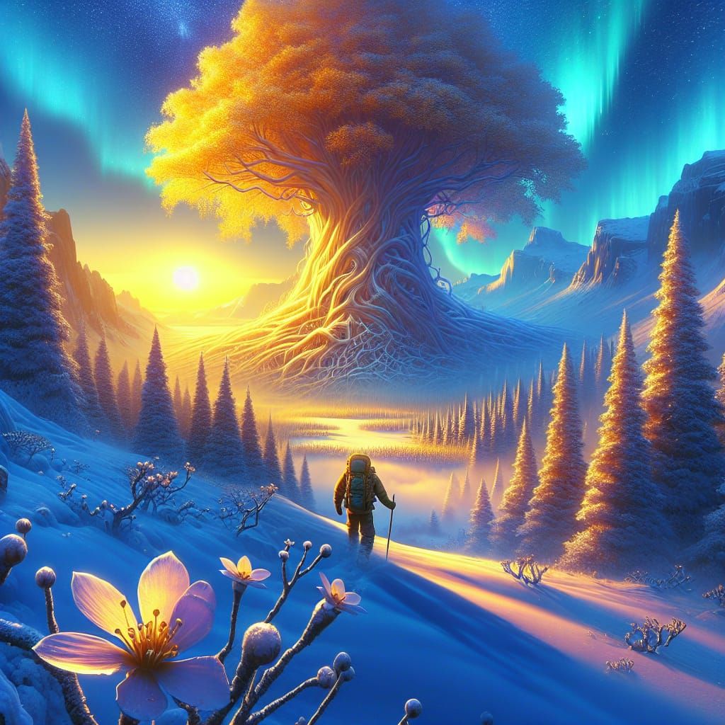 Explorer in Winterscape with Giant Tree