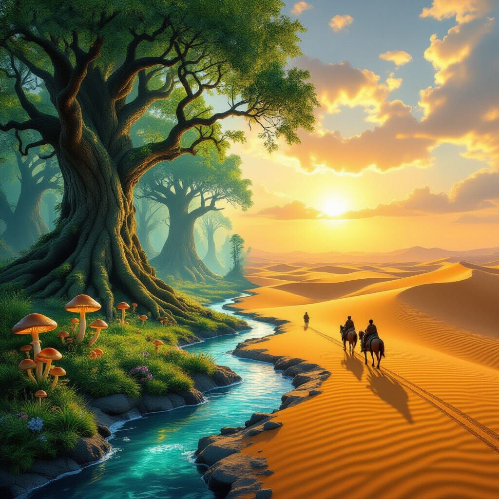 Enchanted Forest Meets Golden Desert: A Split-Scene Landscap...