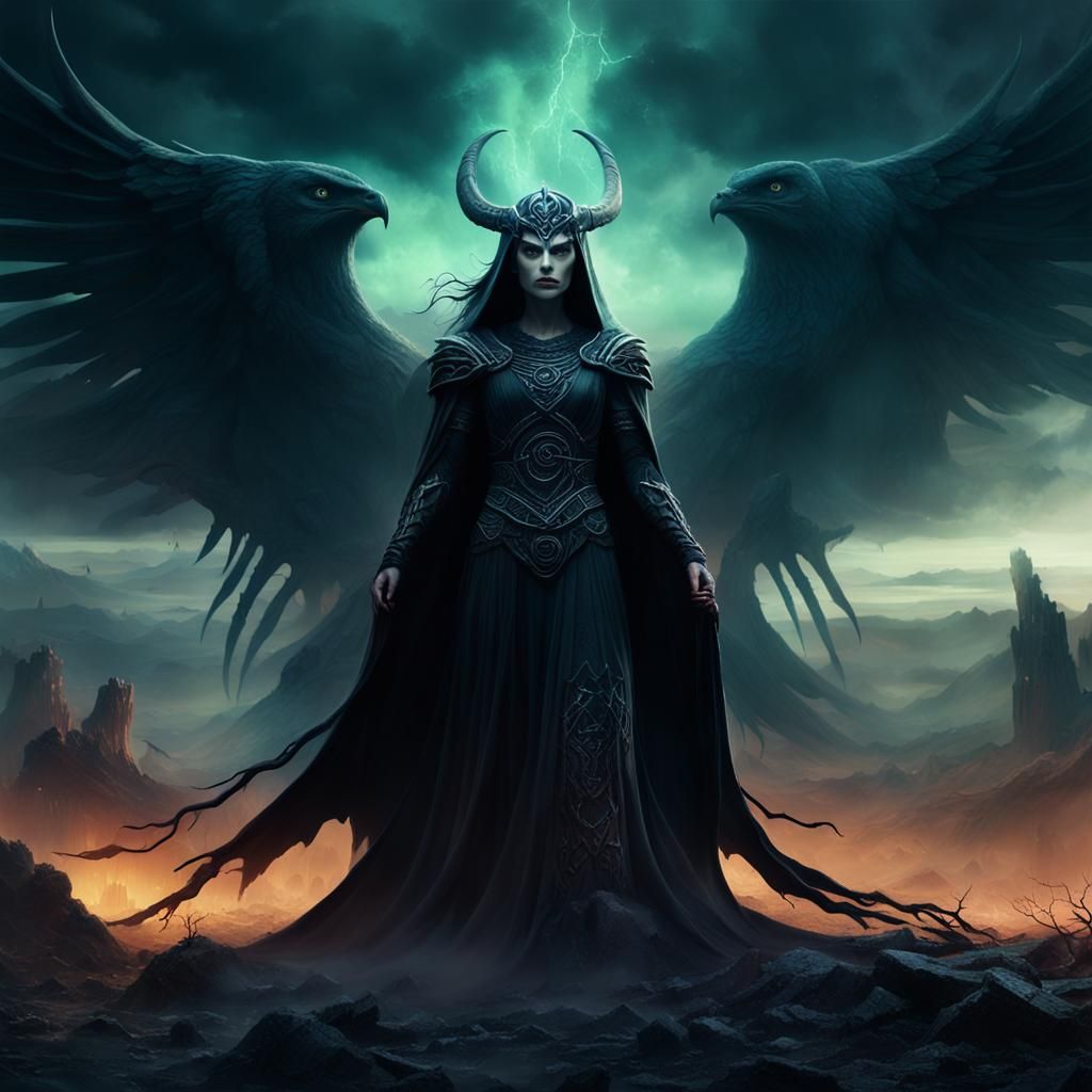 Morrigan, Celtic Goddess of Death, in Dark Fantasy Style