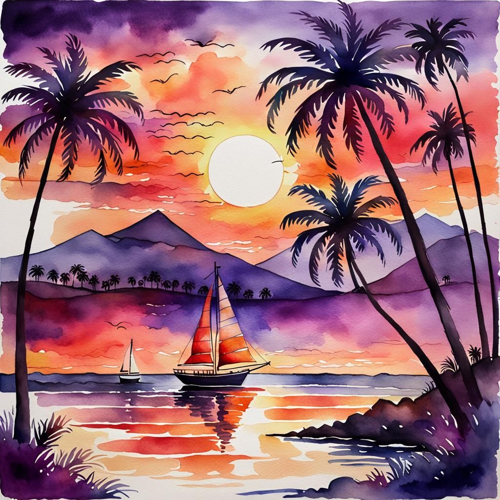 Watercolor Sunset with Palm Trees and Sailing Boat