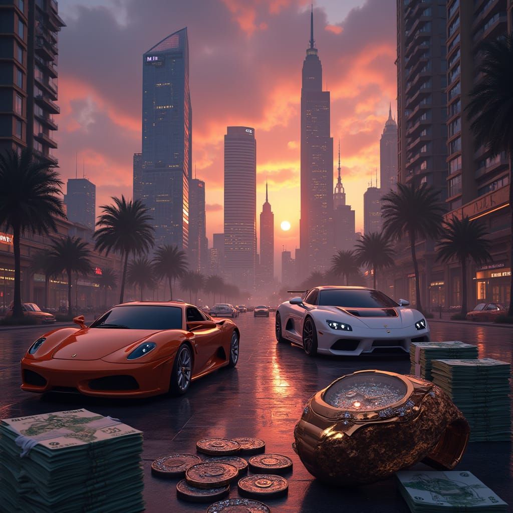 Opulent Cityscape at Dusk: A Cinematic Vision