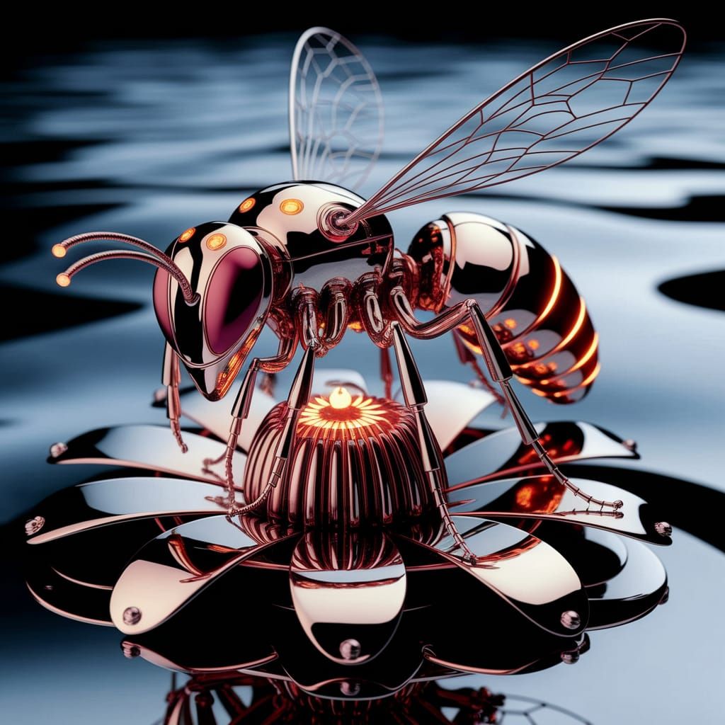 Sleek Chrome Cybernetic Wasp Sits on Mechanical Flower