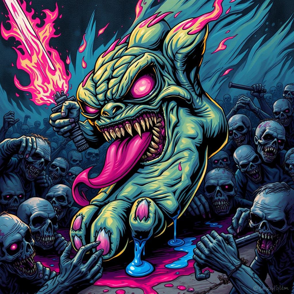 Furious Foot Slices Through Zombies in Vibrant Graffiti Art