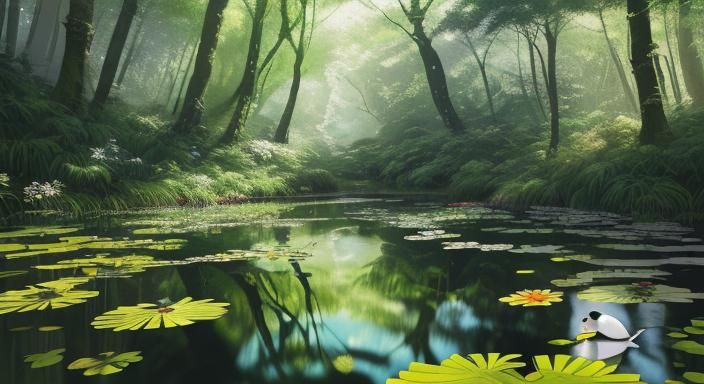 Swan in Pond: Murakami-Inspired Digital Art