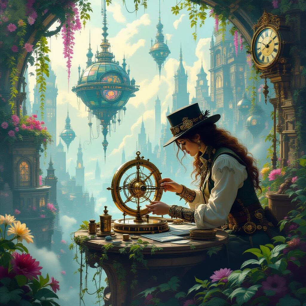 Steampunk Inventor in Floating Clockwork Cityscape with Alie...