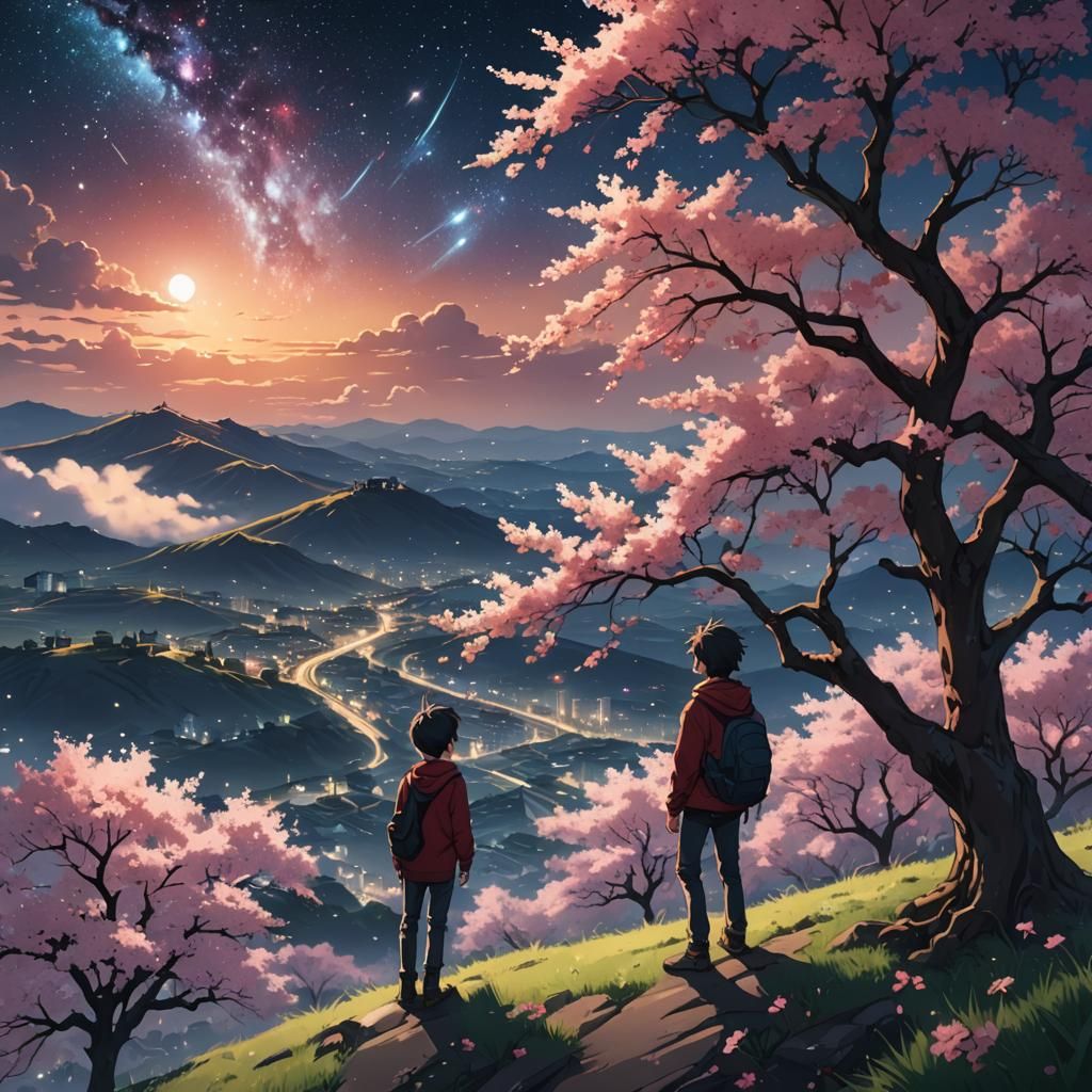 Anime Boy Gazing at Galactic Cherry Blossoms