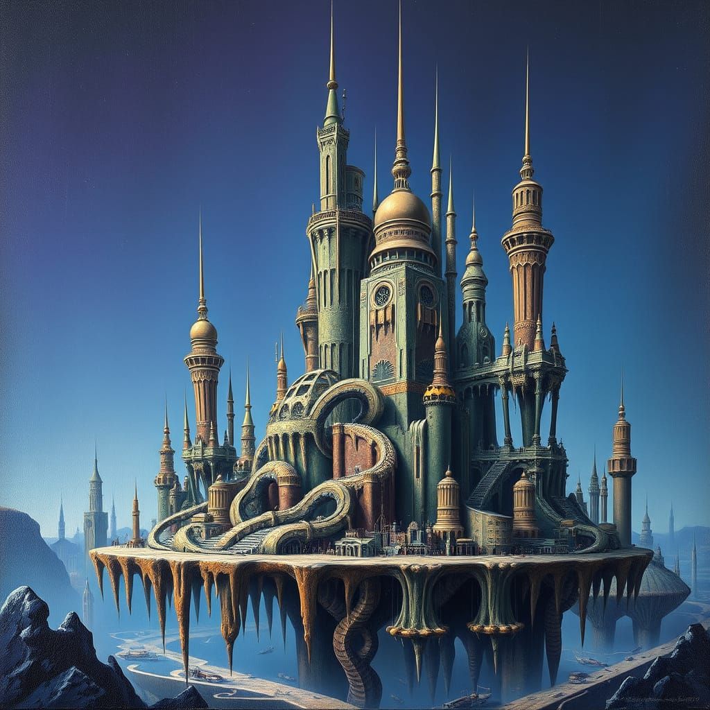 Surrealist Cityscape in Cosmic Dreamscape