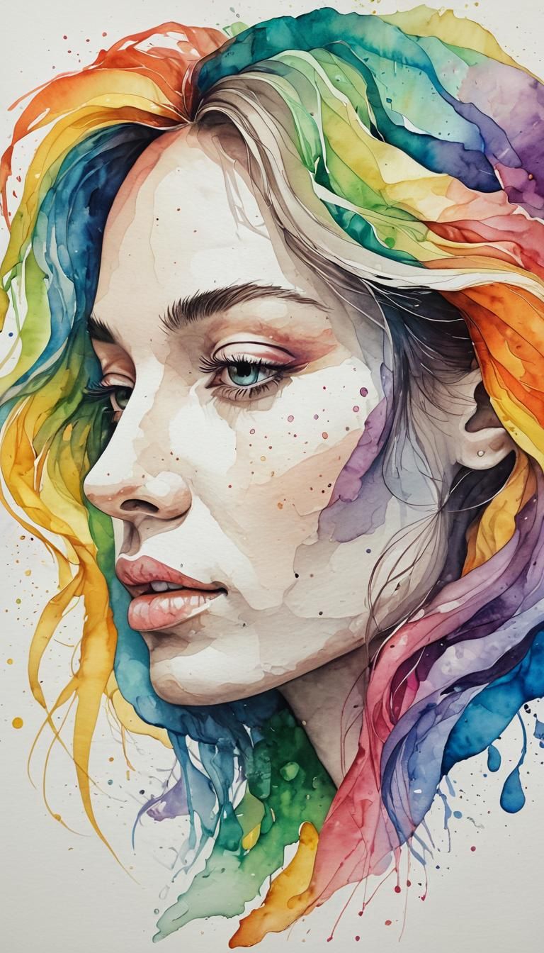 Rainbow Watercolour Woman on Crumpled Paper