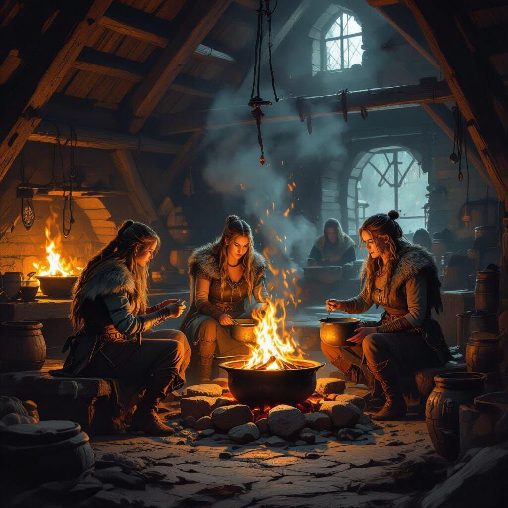 Viking Women Brewing Beer in Dimly Lit Longhouse