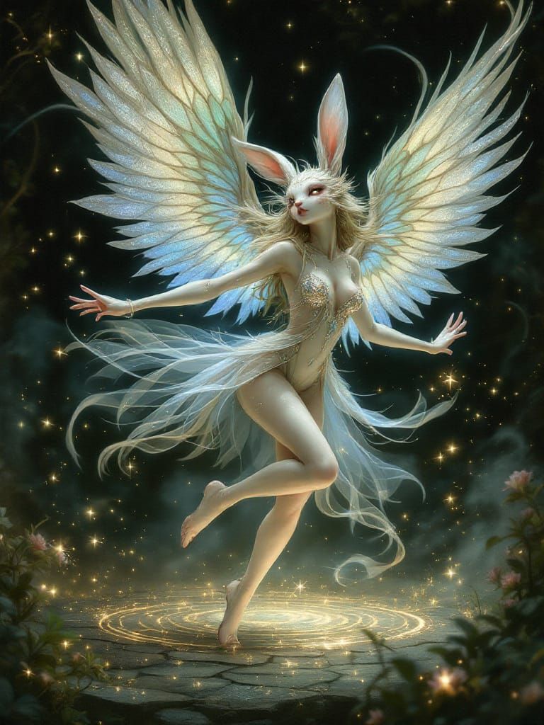 Winged Rabbit Dancer on Moonlit Stage in Fantasy Art