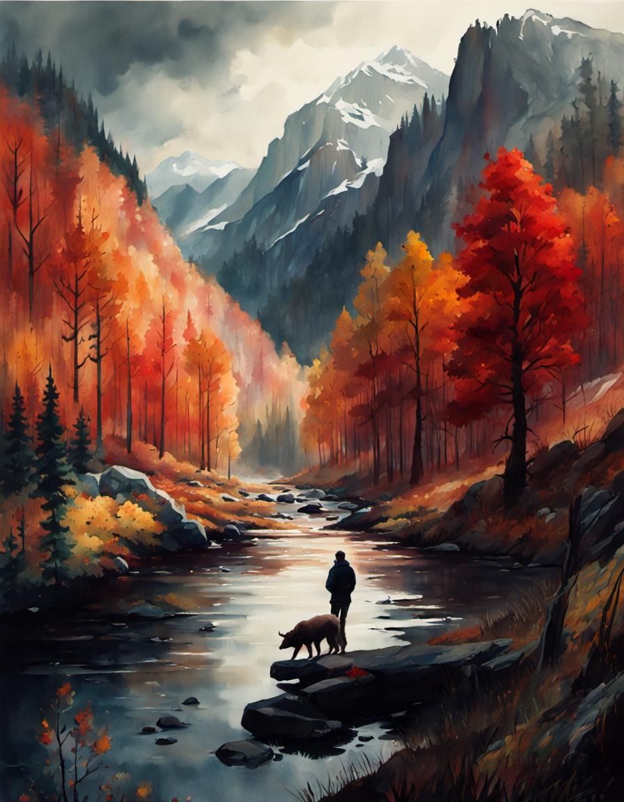 Autumn Forest Landscape in Watercolor Painting Style