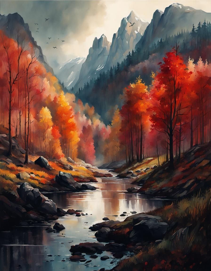 Autumn Mountain Forest Landscape in Watercolour Style