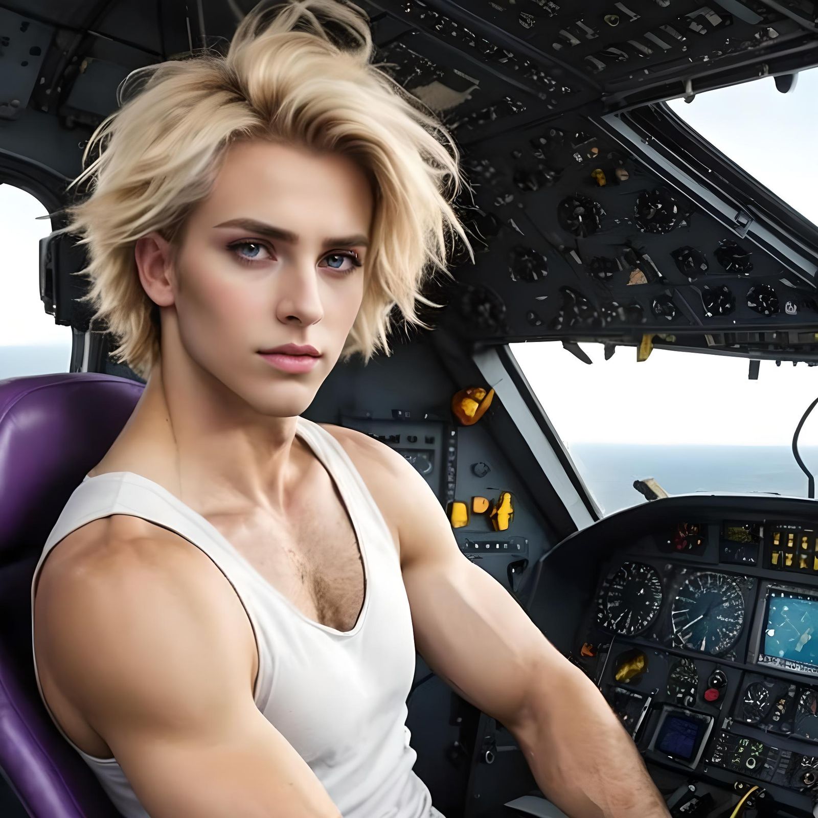 Young Pilot in Military Cargo Transport Cockpit