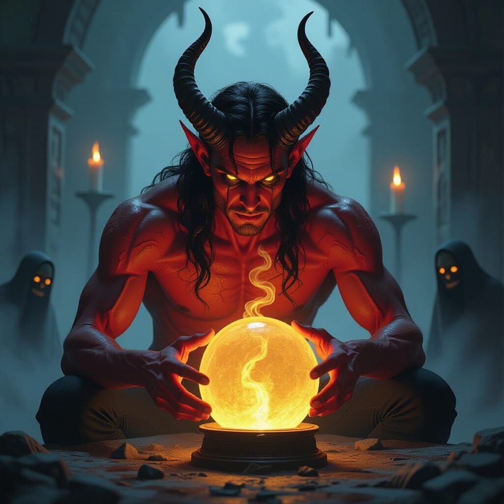 Menacing Demon Gazing into Crystal Ball, Dark Fantasy Art