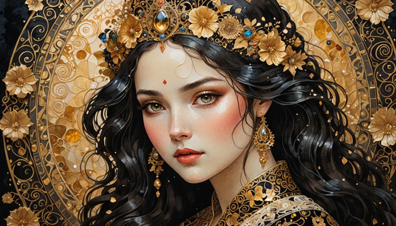 Princess in Velvet Robe: Surreal Ink Art