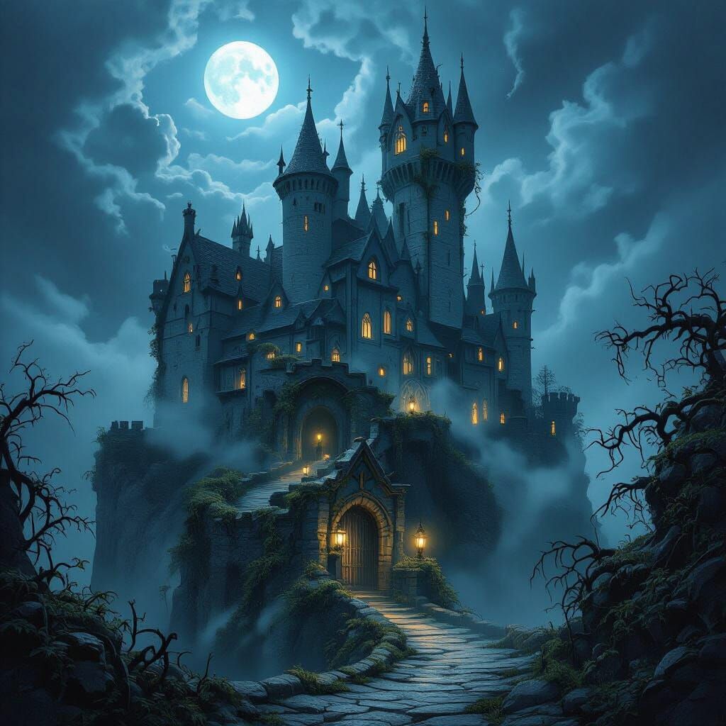 Gothic Castle Under Moonlight in Dark Fantasy Style