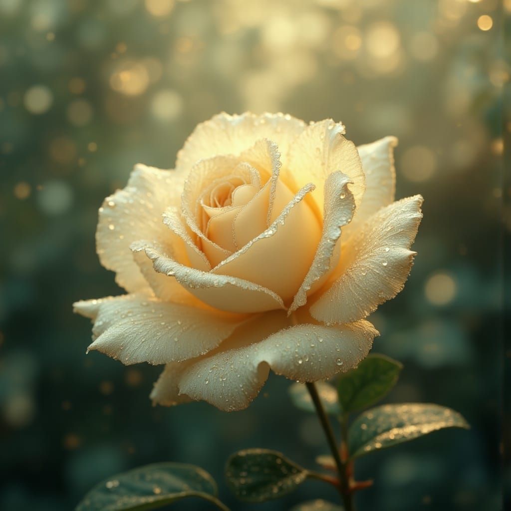 Hyperrealistic Dew-Kissed Rose in Soft Morning Light